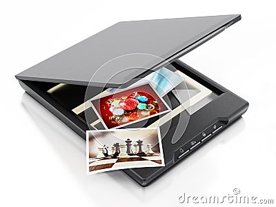 Photos being scanned inside modern scanner. 3D illustration Cartoon Illustration