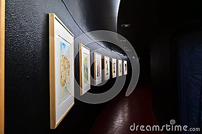 Photos displayed in the corridor of Dali Theatre-Museum Editorial Stock Photo