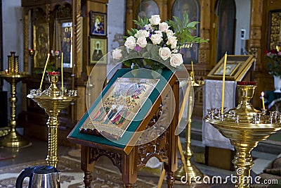 Photos of the interior of the temple, an Orthodox Church, candles, altar Editorial Stock Photo