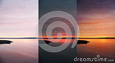Photos before and after retouch, collage. Picturesque view of sunset at river Stock Photo