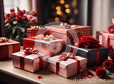 Photos of stylish gift boxes ready to be exchanged on Valentine's Day. Stock Photo