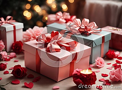 Photos of stylish gift boxes ready to be exchanged on Valentine's Day. Stock Photo