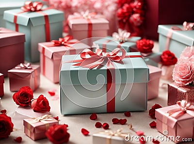 Photos of stylish gift boxes ready to be exchanged on Valentine's Day. Stock Photo