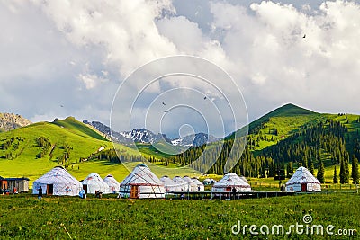 The mongolia yurts in the high mountain meadow Stock Photo