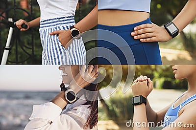 Photos of women using different smart watches, closeup. Collage design Stock Photo