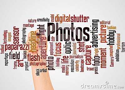 Photos word cloud and hand with marker concept Stock Photo