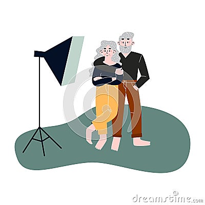 Photosession of elderly modern couple. Vector Illustration