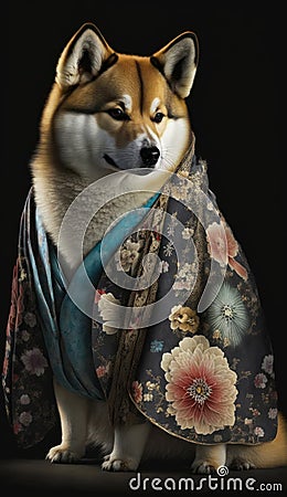 Photoshoot of Unique Cultural Apparel: Elegant Akita Dog in a Traditional Japanese Kimono (Generative AI) Stock Photo
