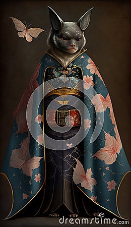 Photoshoot of Unique Cultural Apparel: Elegant Bat Animal in Traditional Japanese Kimono (Generative AI) Stock Photo