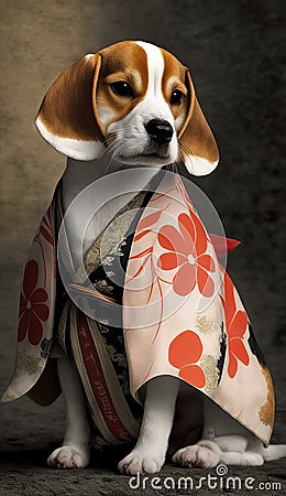 Photoshoot of Unique Cultural Apparel: Elegant Beagle Dog in a Traditional Japanese Kimono (Generative AI) Stock Photo