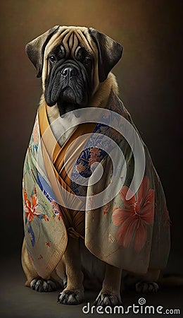 Photoshoot of Unique Cultural Apparel: Elegant English Mastiff Dog in a Traditional Japanese Kimono (Generative AI) Stock Photo