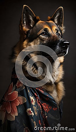 Photoshoot of Unique Cultural Apparel: Elegant German Shepherd Dog in a Traditional Japanese Kimono (Generative AI) Stock Photo