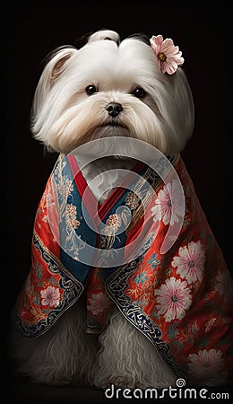 Photoshoot of Unique Cultural Apparel: Elegant Maltese Dog in a Traditional Japanese Kimono (Generative AI) Stock Photo