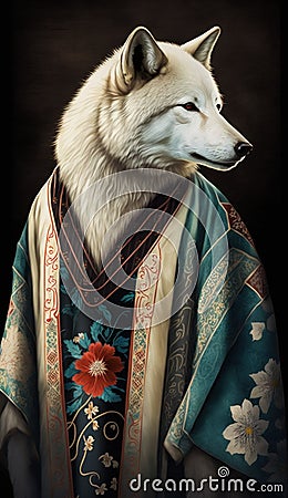 Photoshoot of Unique Cultural Apparel: Elegant Wolf Animal in Traditional Japanese Kimono (Generative AI) Stock Photo