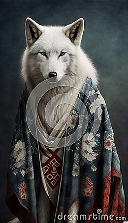 Photoshoot of Unique Cultural Apparel: Elegant Wolf Animal in Traditional Japanese Kimono (Generative AI) Stock Photo