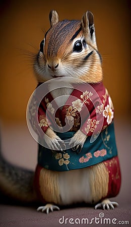 Photoshoot of Unique Cultural Apparel: Elegant Chipmunk Animal in Traditional Japanese Kimono (Generative AI) Stock Photo