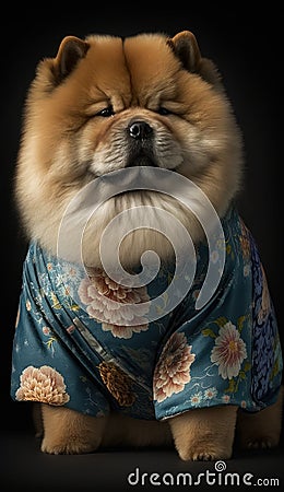 Photoshoot of Unique Cultural Apparel: Elegant Chow Chow Dog in a Traditional Japanese Kimono (Generative AI) Stock Photo