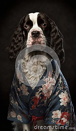Photoshoot of Unique Cultural Apparel: Elegant English Springer Spaniel Dog in a Traditional Japanese Kimono (Generative AI) Stock Photo