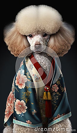 Photoshoot of Unique Cultural Apparel: Elegant Poodle Dog in a Traditional Japanese Kimono (Generative AI) Stock Photo