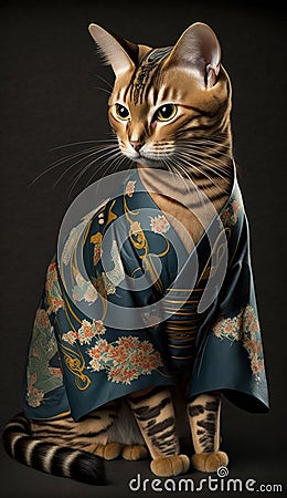 Photoshoot of Unique Cultural Apparel: Elegant Toyger Cat in a Traditional Japanese Kimono (Generative AI) Stock Photo