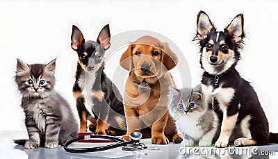 photoshot of 3 dogs and 2 baby cats with a sthetoscope in foreground on white background. Veterinary, dog health, animal care Stock Photo
