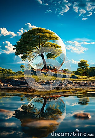 Photosphere and earth in the sky. A painting of a tree with a reflection in the water Stock Photo