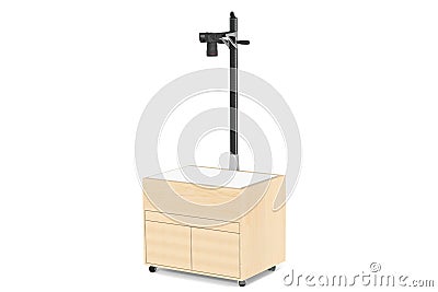 Photostudio. A table with an illumination and a tripod for shooting subjects from above with an isolated background. Stock Photo