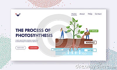 Photosynthesis Process Landing Page Template. Tiny Characters Fertilizing and Watering Huge Plant Convert Light Energy Vector Illustration