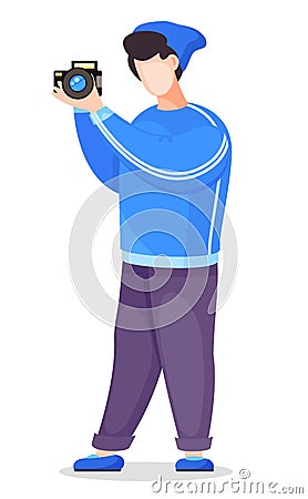 Phototgrapher amateur taking photo with reflex camera, cartoon vector character at white background Vector Illustration