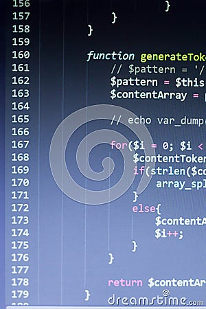 PHP back-end code. Computer programming source code. Abstract screen of web developer. Digital technology modern background Editorial Stock Photo