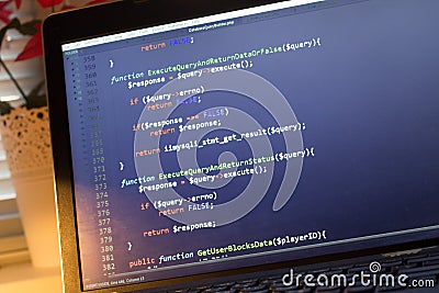 PHP back-end code. Computer programming source code. Abstract screen of web developer. Digital technology modern background Stock Photo