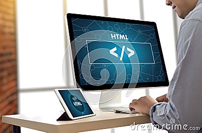 PHP HTML DEVELOPER Web Code design Programmer working in a soft Stock Photo