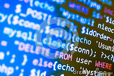 PHP language web programming source code. Abstract code background. Backend programming, software development concept Stock Photo