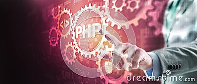 PHP. Web development concept. A general purpose interpreted scripting language Stock Photo