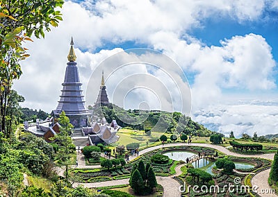 Phra Maha Dhatu Nabha Metaneedol, two pagoda landmark in valley Stock Photo