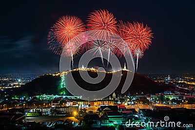 Phra Nakorn Kiri firework festival at night in Phetchaburi, Thailand Stock Photo