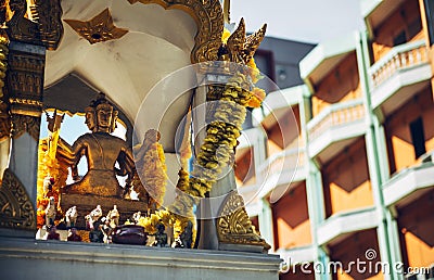 Phra Phrom altar in Bangkok street. Phra Phrom is the Thai repre Stock Photo