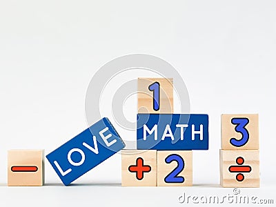 Phrase LOVE MATH on blue wooden blocks Stock Photo