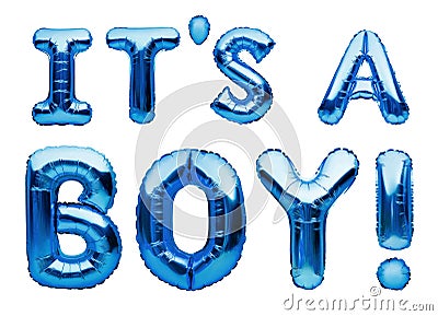 Phrase IT`S A BOY made of blue inflatable balloons isolated on white background. Blue foil helium balloons. Baby boy arrival Stock Photo