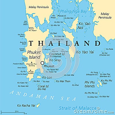 Phuket, largest Island of Thailand, political map with surrounding area Vector Illustration