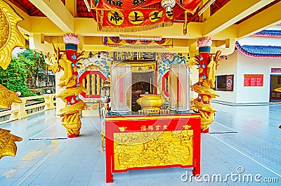 The altar at main hall of Sam Sae Chu Hut Chinese Shrine, Phuket City, Thailand Editorial Stock Photo