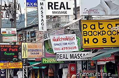 Phuket, Thailand: Jumble of Shop Signs Editorial Stock Photo