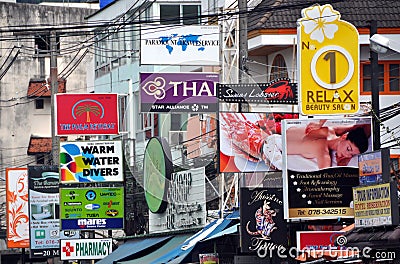 Phuket, Thailand: Jumble of Store Signs Editorial Stock Photo