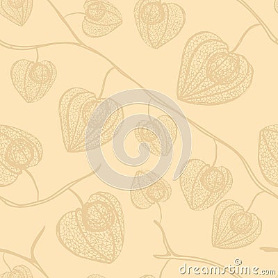 Physalis hand drawn patterns with berries, lives, and branch on soft background. Retro vintage graphic design. Vector Illustration