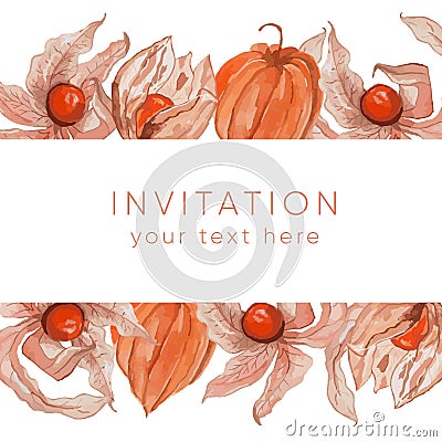 Physalis watercolor frame with space for text, Vector illustration for wallpaper, wrapping paper, textile, cosmetic Vector Illustration