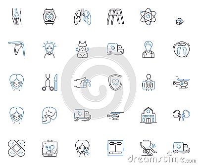 Physical assessment line icons collection. Palpation, Auscultation, Inspection, Percussion, Range-of-motion, Strength Vector Illustration