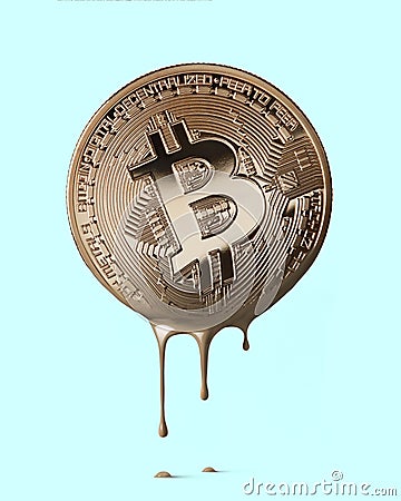 Physical bitcoin melting on a blue background Stock Photo