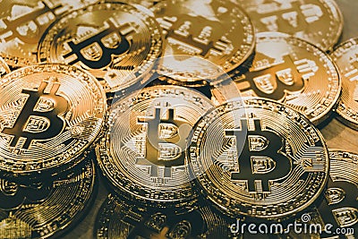 Physical Bitcoin pile background , Bitcoin mining Stock Photo