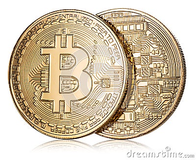 Physical bitcoin on white background. Cryptocurrency. Clipping p Stock Photo