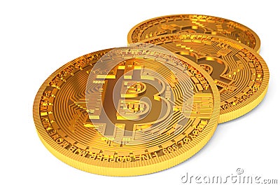 Physical Bitcoins isolated on white background. Golden coins with bitcoin symbol closeup Stock Photo